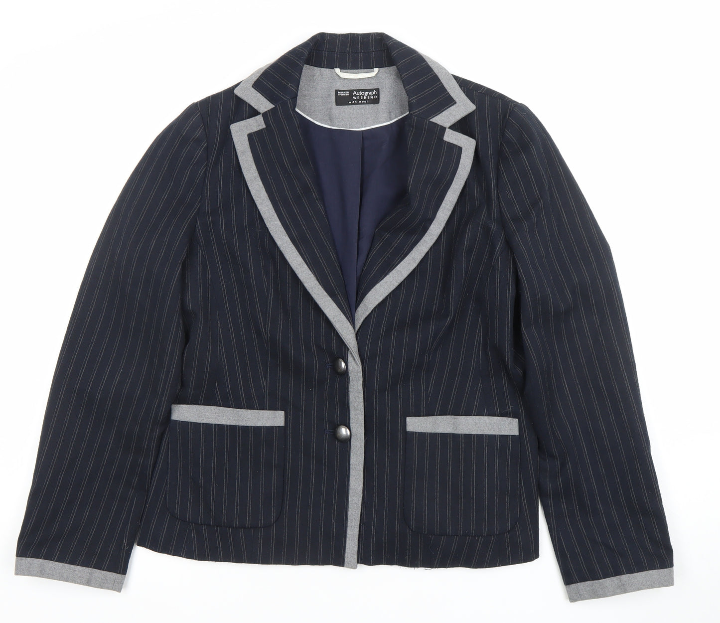 Marks and Spencer Women Blue Pinstripe Wool Blend Blazer UK 12