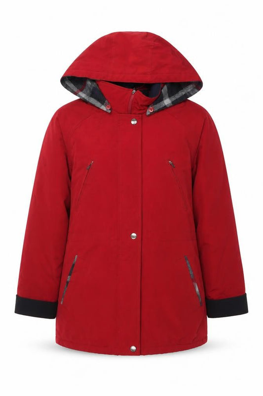 Front view of Nautica Women's Red Hooded Waterproof Parka Jacket, size L
