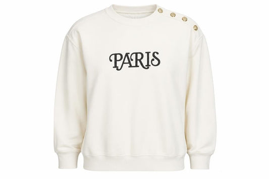 Front view of H&M Women Ivory Paris Button Shoulder Sweatshirt, size 12