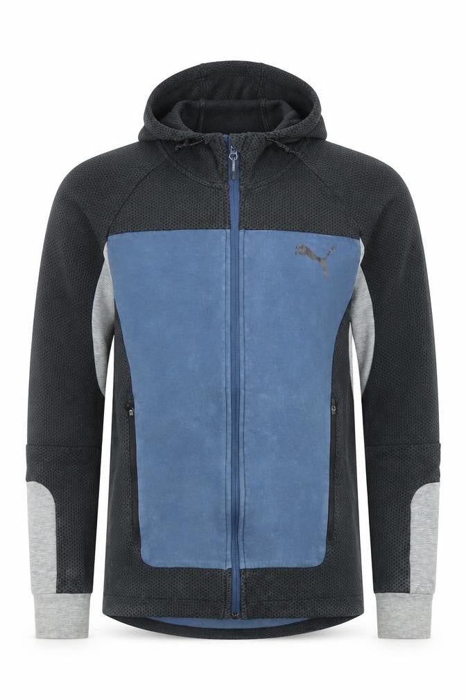 Front view of Puma Men's Black Blue Grey Full Zip Hoodie, size S