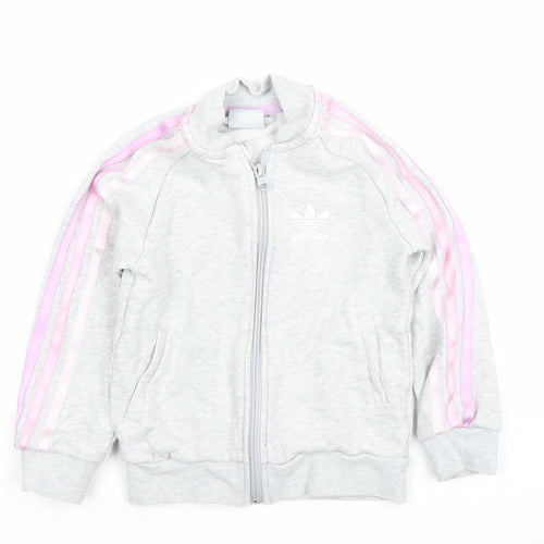 adidas Girls Grey Full Zip Hoodie 4-5 Years Logo Sports Sweatshirt
