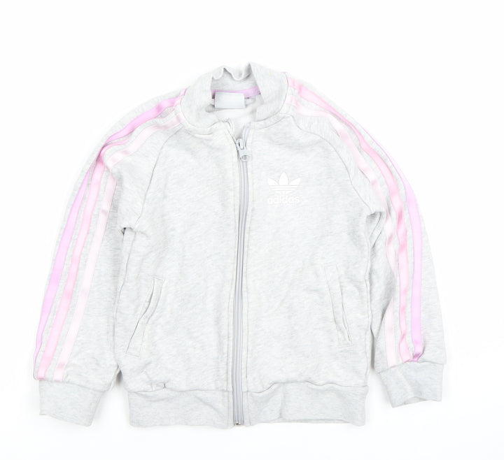 adidas Girls Grey Full Zip Hoodie 4-5 Years Logo Sports Sweatshirt