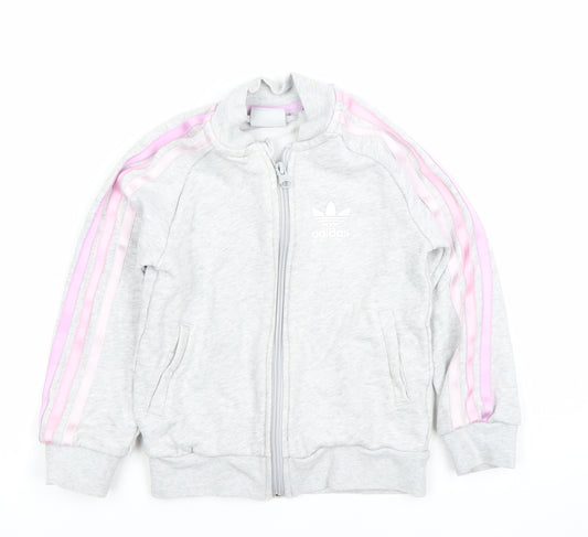 adidas Girls Grey Full Zip Hoodie 4-5 Years Logo Sports Sweatshirt