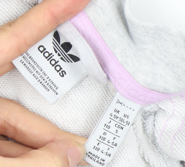 adidas Girls Grey Full Zip Hoodie 4-5 Years Logo Sports Sweatshirt