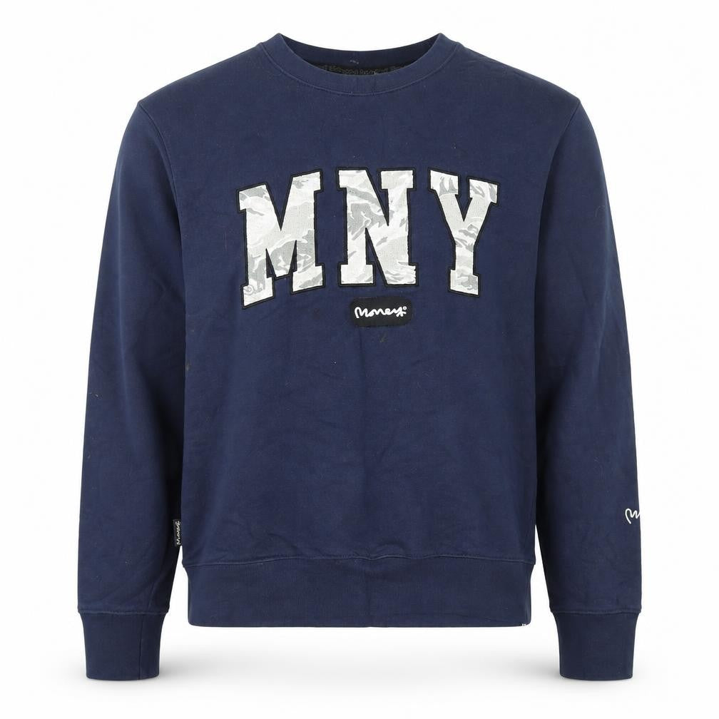 Front view of Money men’s blue graphic logo crew neck sweatshirt, size M