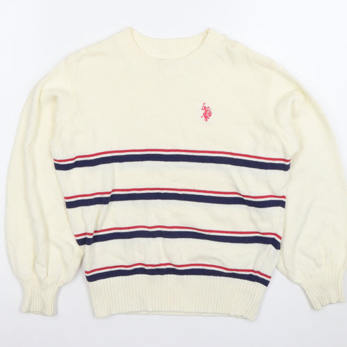 U.S. Polo Assn. Girls Ivory Striped Pullover Jumper 6-8 Years Cotton Crew Neck