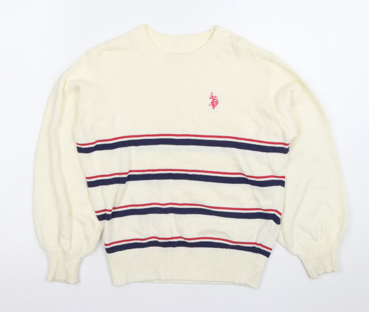U.S. Polo Assn. Girls Ivory Striped Pullover Jumper 6-8 Years Cotton Crew Neck