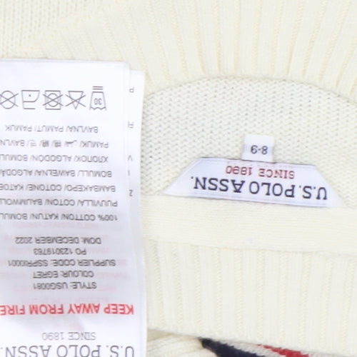 U.S. Polo Assn. Girls Ivory Striped Pullover Jumper 6-8 Years Cotton Crew Neck