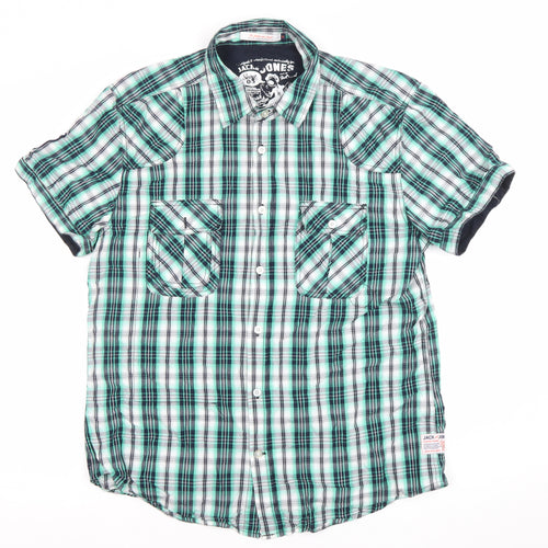 Jack & Jones Men's Green Plaid Short Sleeve Casual Button-Up Shirt Size L