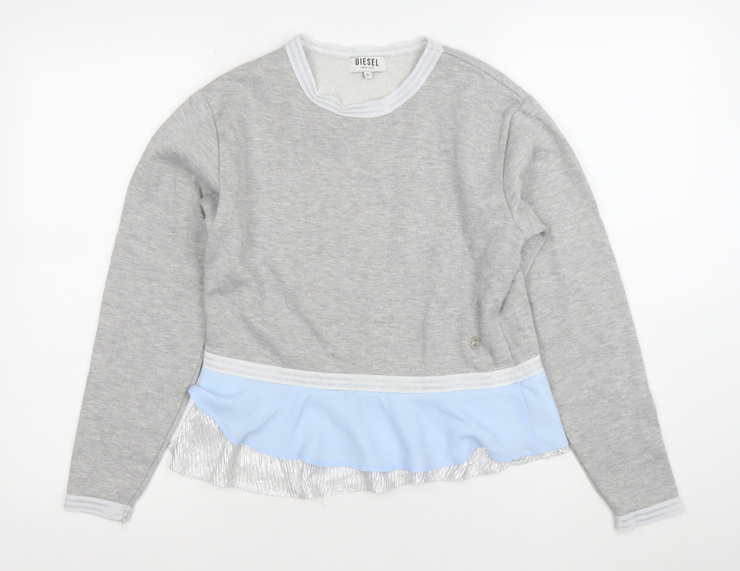 Diesel Womens Grey Blue Ruffle Hem Pullover Sweatshirt Size S