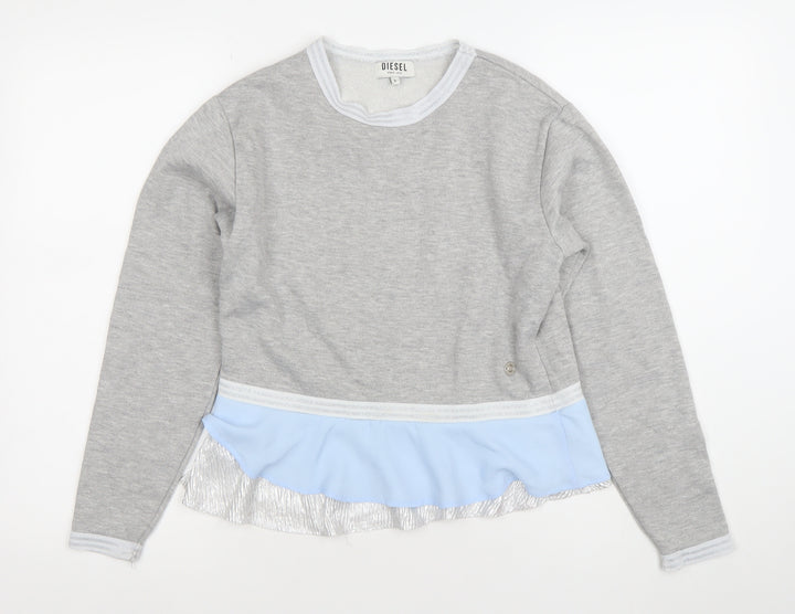 Diesel Womens Grey Blue Ruffle Hem Pullover Sweatshirt Size S
