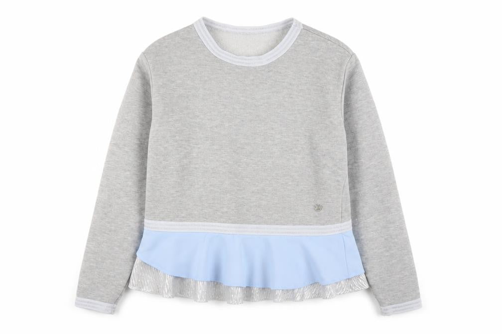 Front view of Diesel women’s grey blue ruffle hem pullover sweatshirt, size S