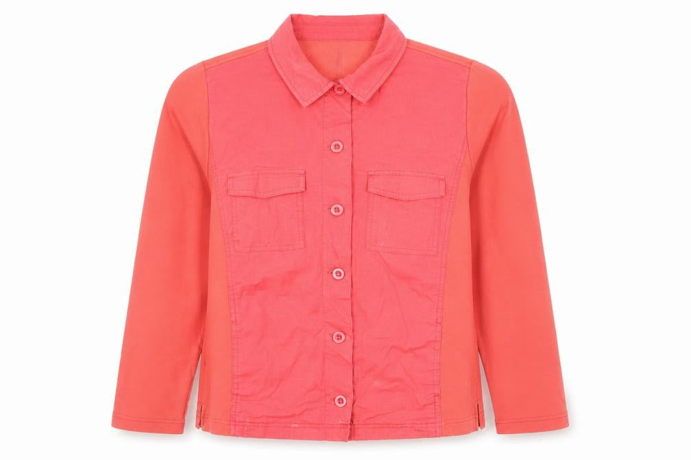 Front view of Tea Lane women’s pink cotton blend button up jacket, size S