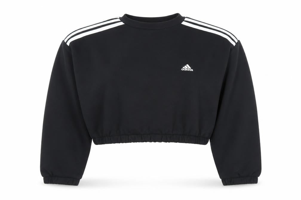 Front view of Adidas women’s black m cropped crew neck sweatshirt