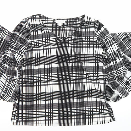Charter Club Women's Black Check Puff Sleeve Petite L Blouse Top