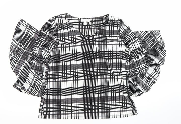Charter Club Women's Black Check Puff Sleeve Petite L Blouse Top