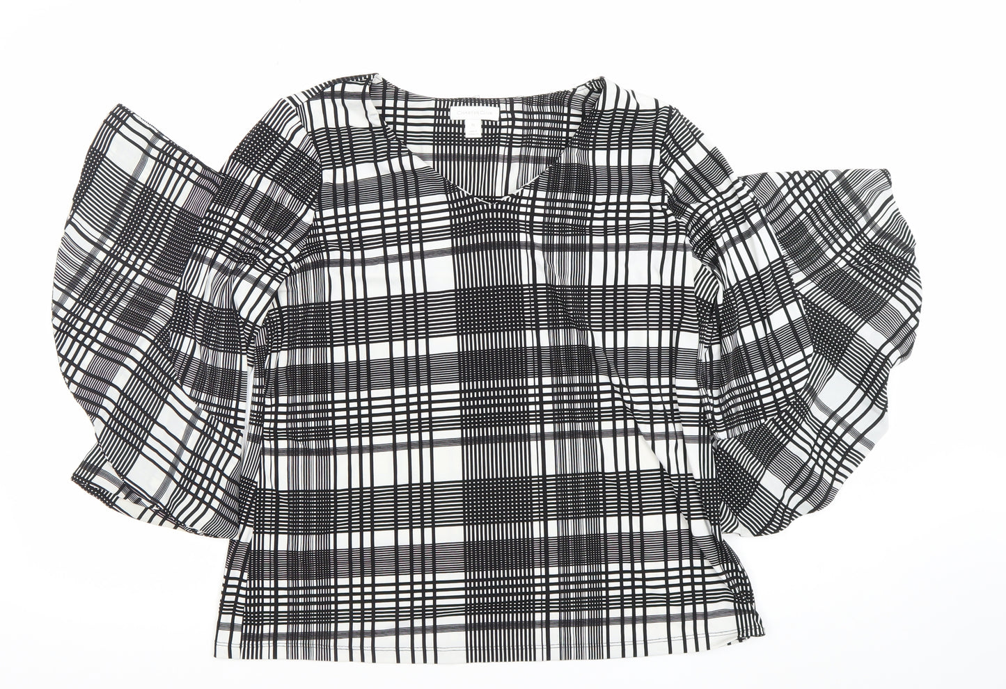 Charter Club Women's Black Check Puff Sleeve Petite L Blouse Top