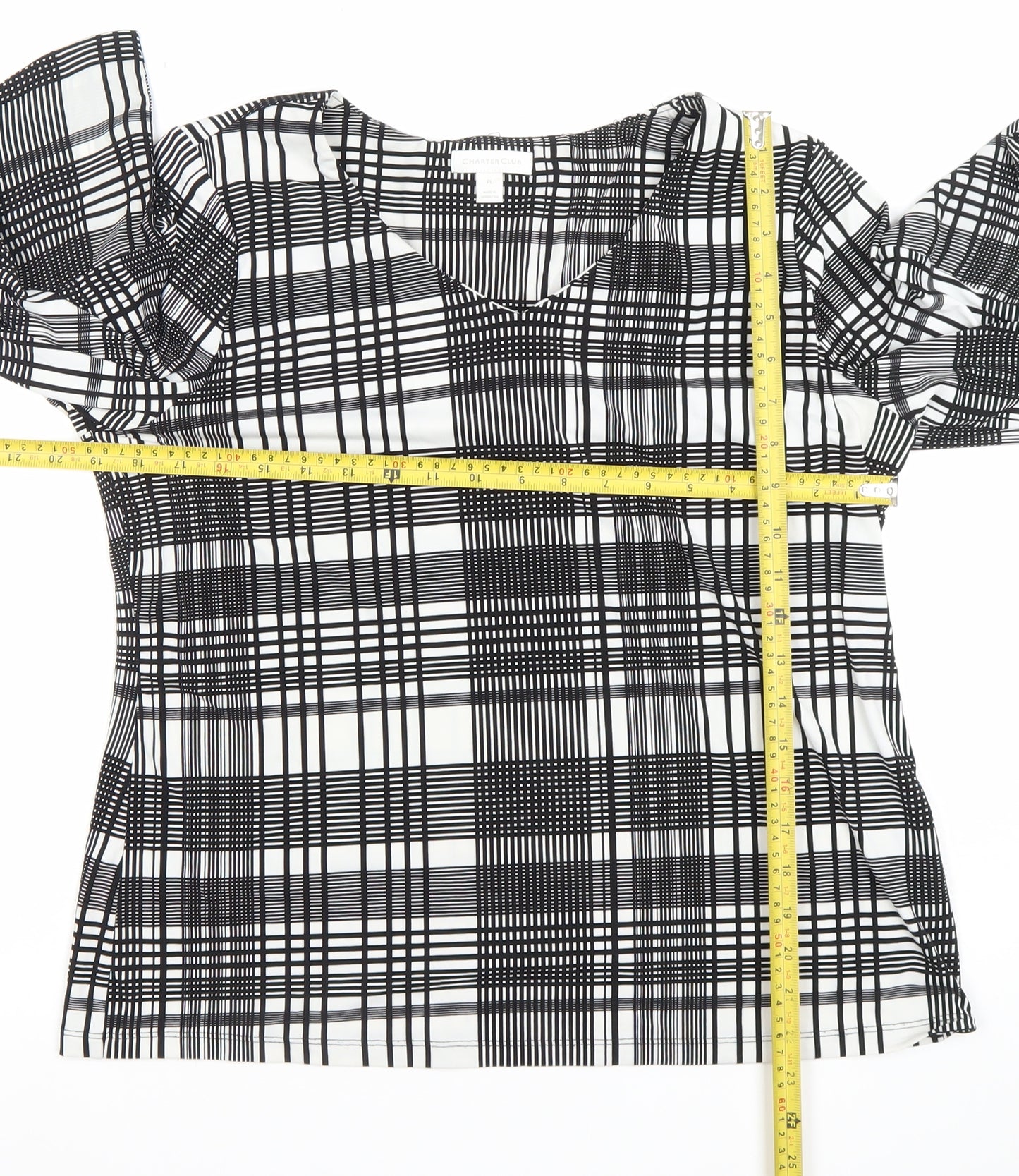 Charter Club Women's Black Check Puff Sleeve Petite L Blouse Top
