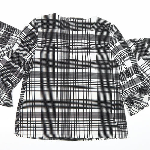 Charter Club Women's Black Check Puff Sleeve Petite L Blouse Top