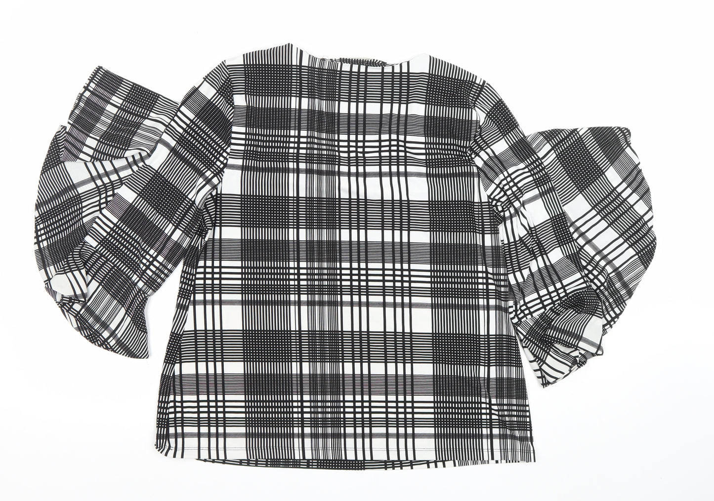 Charter Club Women's Black Check Puff Sleeve Petite L Blouse Top