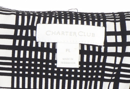 Charter Club Women's Black Check Puff Sleeve Petite L Blouse Top