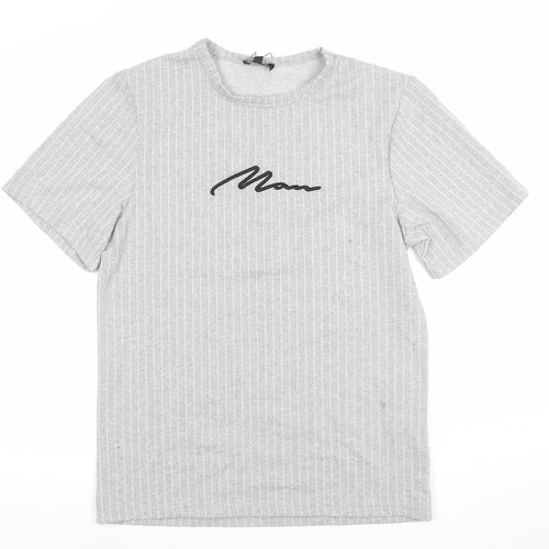 boohooMAN Men's Grey Striped Short Sleeve Crew Neck T-Shirt Size S