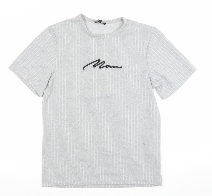 boohooMAN Men's Grey Striped Short Sleeve Crew Neck T-Shirt Size S