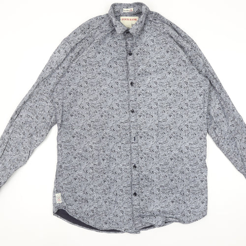FOUR RANK Men's Grey Floral Long Sleeve Cotton Button-Up Shirt XL