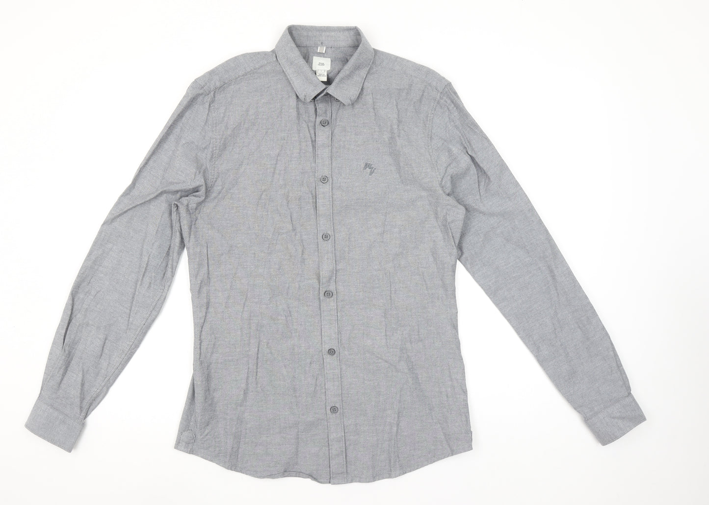 River Island Men's Grey Long Sleeve Stretch Button-Up Shirt S