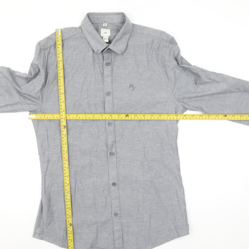 River Island Men's Grey Long Sleeve Stretch Button-Up Shirt S