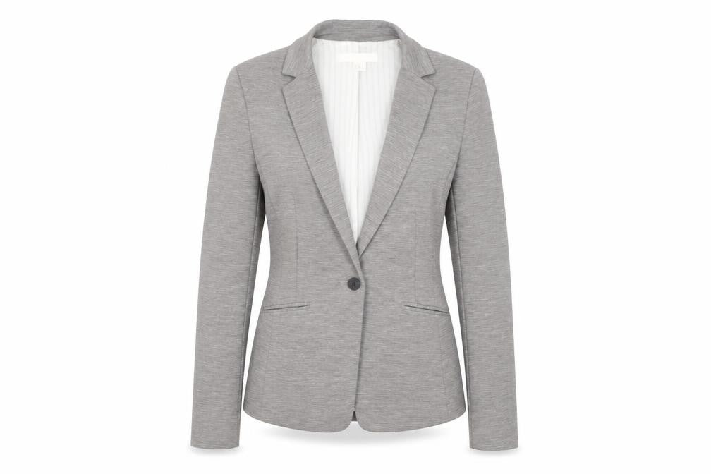 Front view of H&M Women Grey Single Breasted Blazer, size 8, Classic Fit