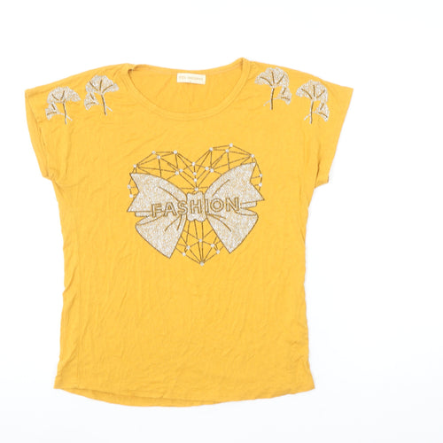 DRESSPOT Women's Yellow Beaded Bow T-Shirt Crew Neck L Short Sleeve Cotton