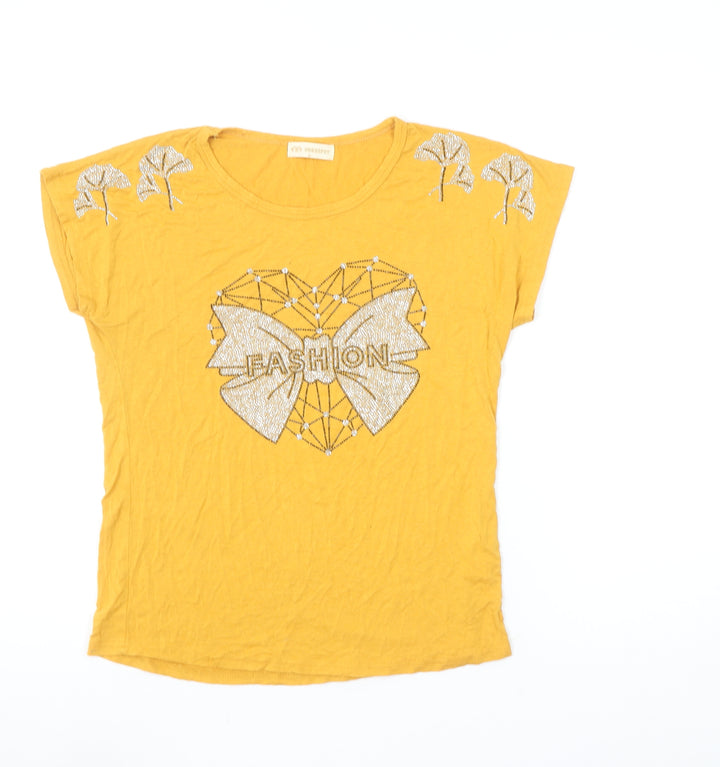 DRESSPOT Women's Yellow Beaded Bow T-Shirt Crew Neck L Short Sleeve Cotton