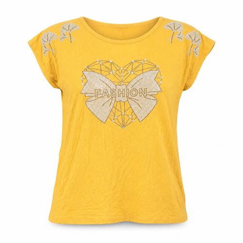DRESSPOT Women's Yellow Beaded Bow T-Shirt Crew Neck L Short Sleeve Cotton