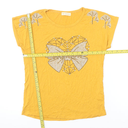 DRESSPOT Women's Yellow Beaded Bow T-Shirt Crew Neck L Short Sleeve Cotton