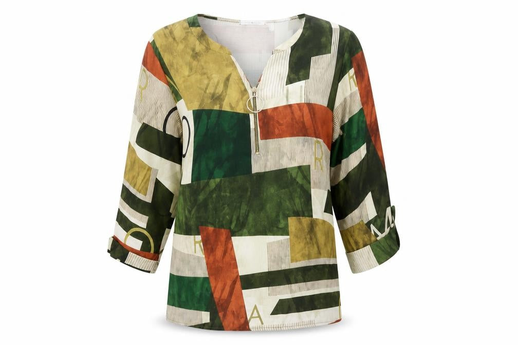 Front view of Punt Roma Women’s Multicoloured Geometric Tunic Blouse, size UK 10