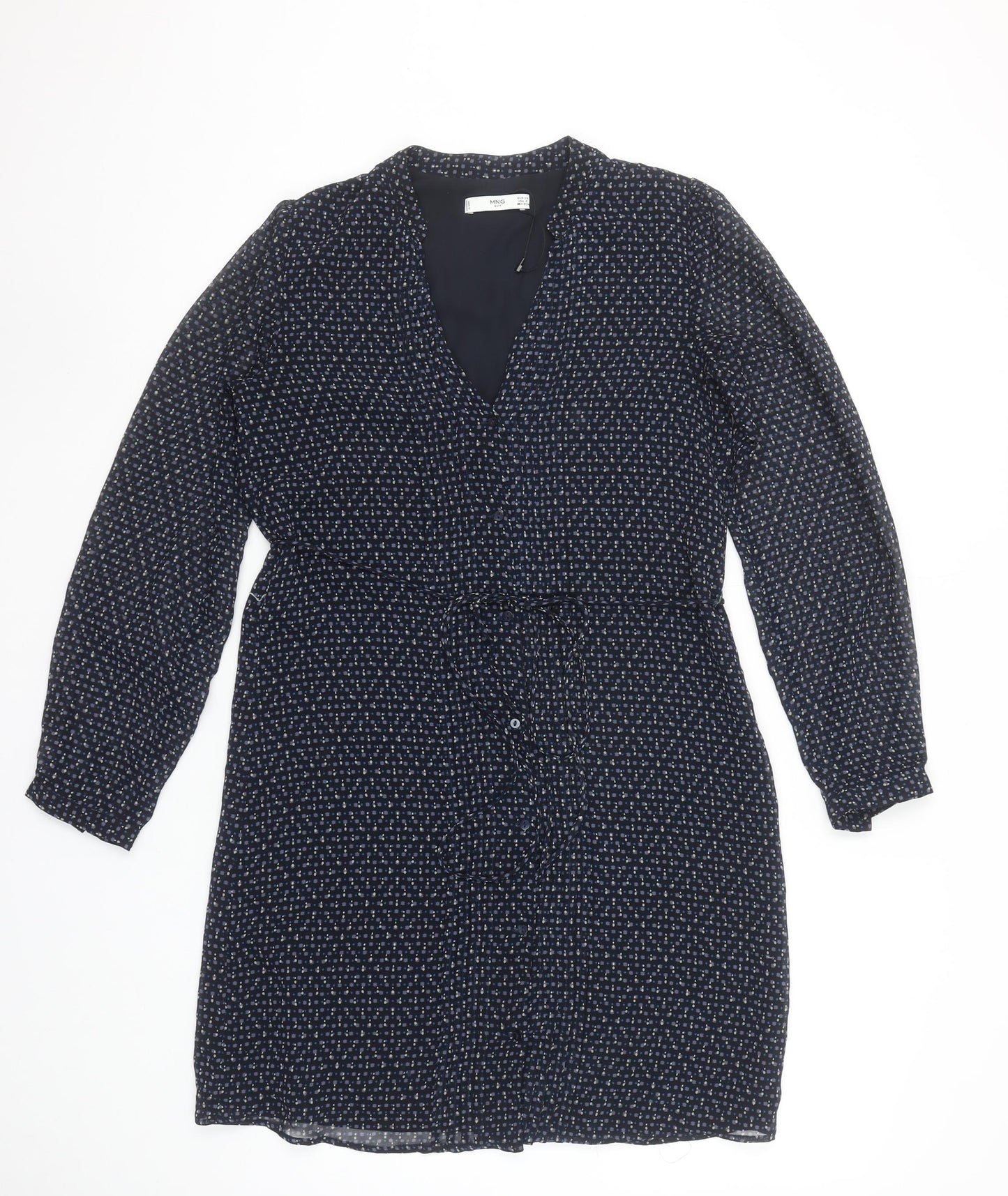 Mango Women’s Blue Geometric Belted Shirt Dress Size XS
