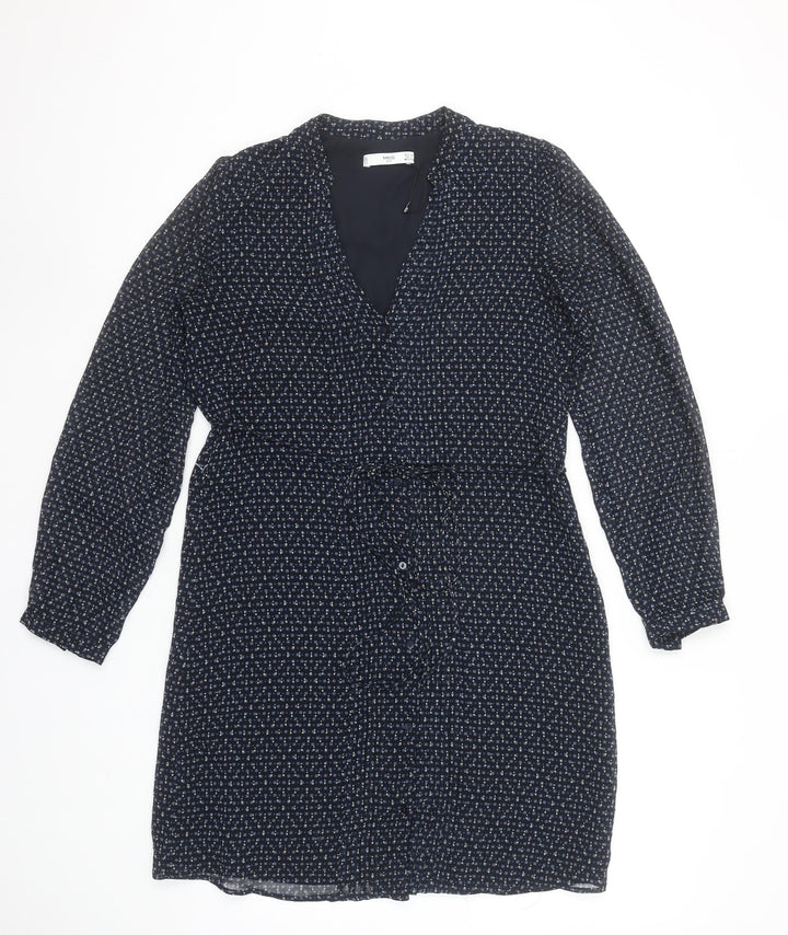 Mango Women’s Blue Geometric Belted Shirt Dress Size XS