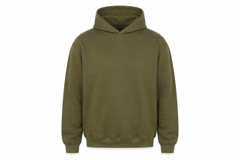 Front view of OWOA Men's Green Pullover Hoodie L Fleece Cotton Blend