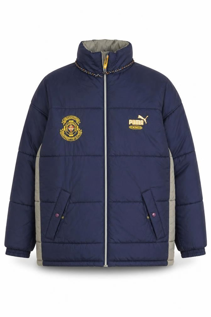 Front view of Puma Men’s Blue XL Puffer Jacket Winter Nylon Full Zip Logo Coat