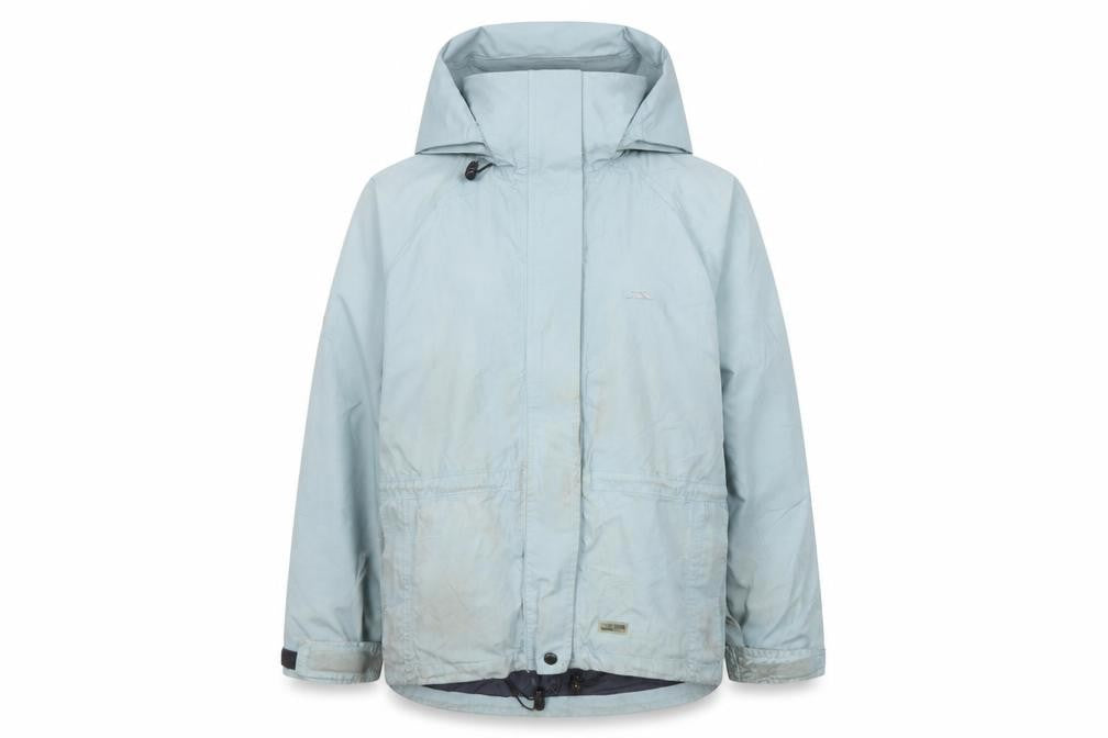 Front view of Trespass women’s blue waterproof hooded rain jacket, size M