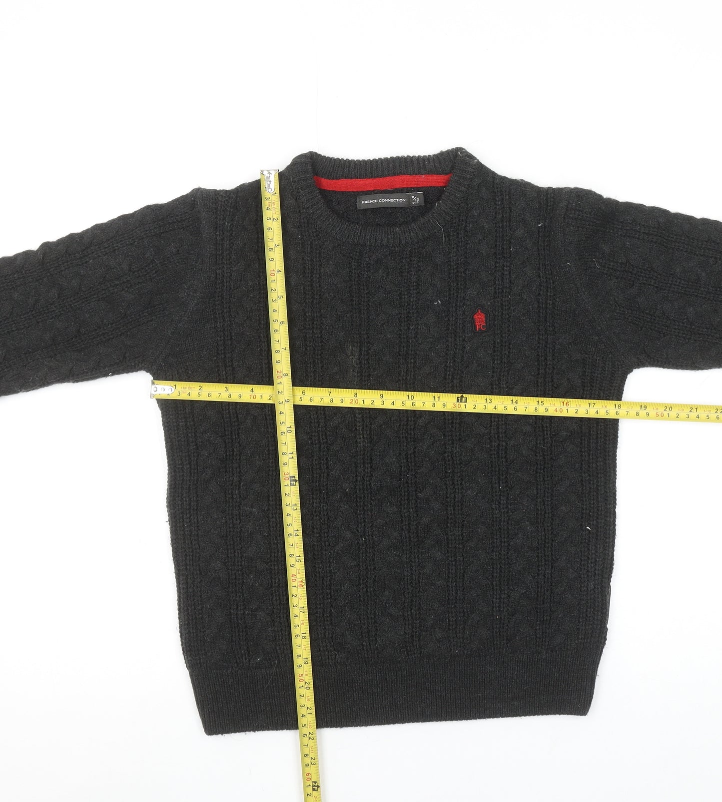 French Connection Boys Black Cable-Knit Jumper 11-12 Years Wool Blend