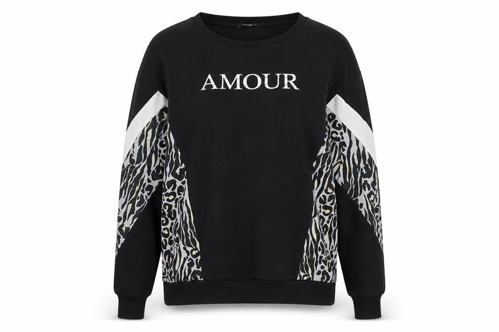 Front view of Select Women Black Animal Print Amour Pullover Sweatshirt, size L