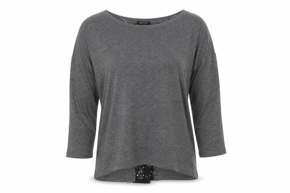 Front view of Mystify Women’s Grey Lace Back 3/4 Sleeve Jersey Top, size M