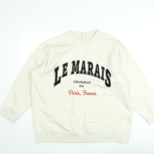 H&M Women Beige Graphic Pullover Sweatshirt Size 12 - Le Marais Paris Print