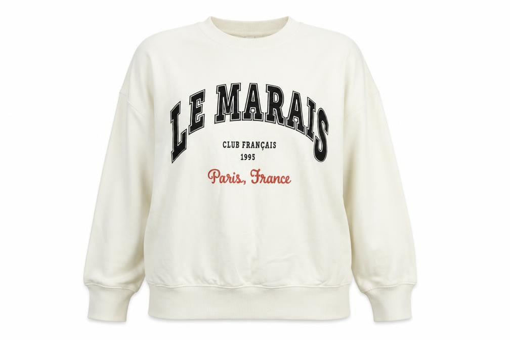Front view of H&M Women Beige Graphic Pullover Sweatshirt, size 12, - Le Marais Paris Print