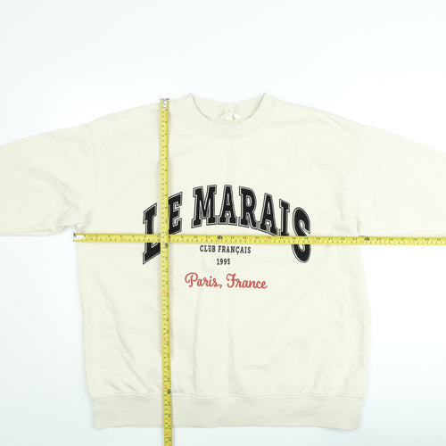 H&M Women Beige Graphic Pullover Sweatshirt Size 12 - Le Marais Paris Print