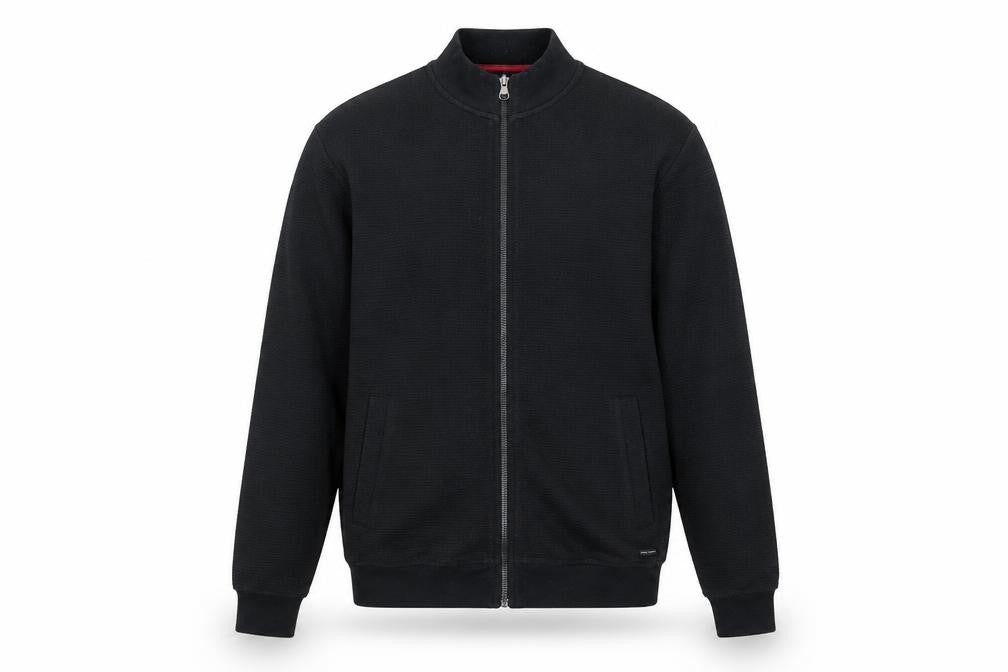 Front view of Guide London Men's Black Full Zip Knit Sweatshirt, size S
