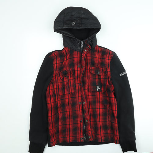 Duck and Cover Men's Red Check Hooded Bomber Jacket Size S
