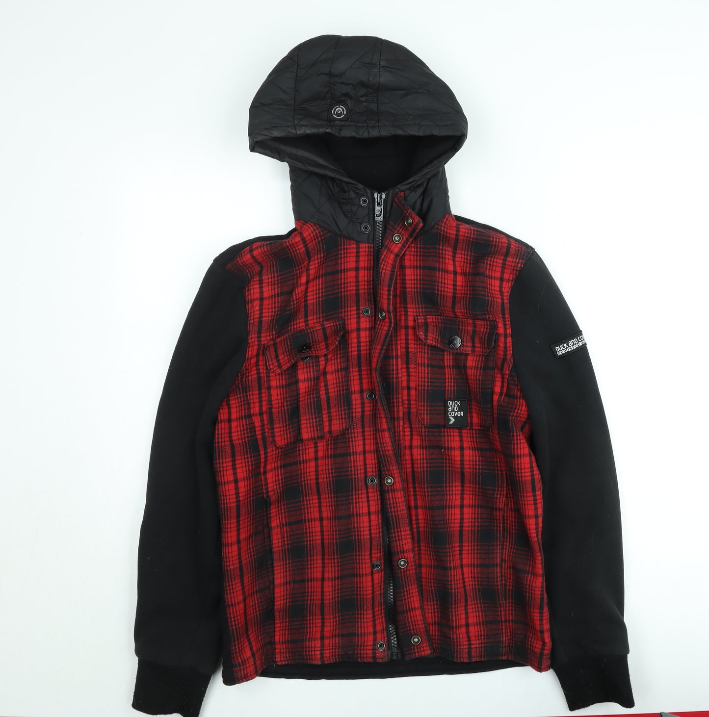 Duck and Cover Men's Red Check Hooded Bomber Jacket Size S